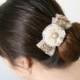Sparkling Hair Flower Clip - Pearl and Rhinestone with Gold Sequin Vintage Tulle Trim