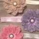 BURLAP FLOWER HEADBAND 3pc Set, Newborn, Photo Prop, Baby, Infant, Girl, Toddler, Shabby Chic, Natural, Pink, Silver, Purple, Hair Accessory