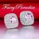 Total 2 ct (1 ct each) Cushion Cut Man Made Pink Diamond Double Halo Earrings, Bridal Earrings- FairyParadise