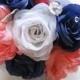 Wedding Bouquet flowers Bridal silk 17 piece Package CORAL NAVY White SILVER Bridesmaid Maid of Honor Boutonnière corsage RosesandDreams