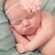 Light Pink Silky Chiffon Petal Flower Skinny Headband - Pearl Hairbow Photo Prop - Newborn Baby Hairbow - Little Girls Hair Bow