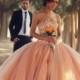 Glitter beading sparkles peach blush color ball gown wedding dress