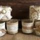 6 rustic naturlap burlap and lace covered votive tea candles, wedding favor or table decoration