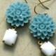 Flower Drop Earrings, Blue Dahlia Flower and White Glass Rhinestone, Retro Flower Earring, Turquoise Blue Flower, Bridesmaid Jewelry