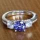Lab Tanzanite and Genuine White sapphire Solid Sterling silver Trilogy ring - engagement ring - wedding ring