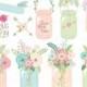 Mason jar clipart: "WEDDING MASON JAR" with mason jar clip art, floral bouquets, border lace, ribbons clipart for wedding invitations