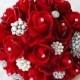 Red Silk Pearl Brooch Wedding Bouquet - Natural Touch Roses and Brooch Christmas Jewel Bride Bouquet - Rhinestones