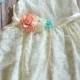 Coral Mint Ivory Lace Flower Girl Dress Headband set, Ivory Lace Wedding dress, Coral mint Wedding, Vintage Style Lace Dress