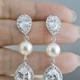 Post Bridal earrings wedding jewelry clear teardrop cubic zirconia round cz Swarovski cream ivory white pearls Silver Post Studs dangle