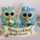 Two brides owl wedding cake topper, brooch bouquet, aqua blue wedding, same sex cake topper