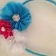Frozen princess headband - Turquiose Chiffon Flower, hot pink Satin Flower, white Tulle Flower blue Hard Headband girl women teen wedding 