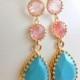 Long Jewel Earrings in Turquoise and Grapefruit Pink. Dangle Earrings.  Bridal Jewelry. Modern Fashion Earrings. Wedding. Gift.