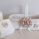 Flower girl basket ring bearer box set with wedding ring pillow, ivory basket, beige tan flower
