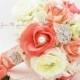 Coral White Brooches & Blooms Bridal Bouquet Silk Flower Wedding Bouquet Groom Boutonniere Brooch Bouquet - Customize For Your Colors
