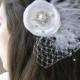 MARJORIE - White Wedding Bridal Bride Headpiece Hair Clip Fascinator w/ Handmade Flower Feathers Birdcage Veil Veiling Pearls & Rhinestones