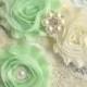 Beautiful MINT GREEN Bridal Garter Set - Ivory Keepsake & Toss Wedding Garters - Chiffon Frayed Flowers Rhinestone Garters Ivory Spring