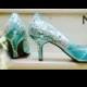 Aqua shoes, aquamarine shoes, Aqua blue Wedding Shoes , painted pink roses, Marie Antoinette shoes, satin peep toes, crystals and pearls