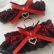 vintage Wedding Garter set , beautiful personalized red satin and black Lace with heart