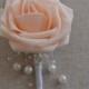 PEACH BLUSH Rose & Ribbon Boutonniere with Pearls, Bling Gem Brooch, and Foliage. Includes Pearl or Rhinestone Lomey Pin