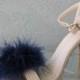Navy Blue Feather Puff Pom Pom Shoe Clips  Set of Two