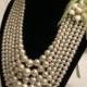 Simple Elegance- Vintage Pearl Bead Necklace With Green Ribbon Tie