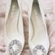 Pre Order - Ivory Silk Wedding Shoes with Vintage Oval Crystal Rhinestone Brooches Kitten Heel Bridal Shoes