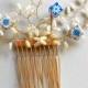 Portugal  Hair Comb with Blue Antique Azulejo Tiles from Porto Ribeira and Ovar- Bridal Wedding - Pearl Spray