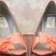 Wedding Shoes -- Peach Peep Toe Wedge Wedding Shoes with Off Center Matching Bow on the Toe