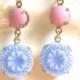 Periwinkle Blue Pink Round Etched Glass Vintage Silver Drop Earrings - Wedding, Bridal, Bridesmaid, Pastel