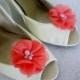 Coral Chiffon flower shoe clips or bobby pins.  Rhinestone and pearl  shoe clips weddings, special occasion. You pick the color
