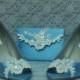 BLUE Wedding Wedge Shoes 4 PIECE Set clutch garter hair pin Lace pearls crystals - Bridal Wedge shoes Blue ivory