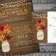 Rustic Fall Wedding Invitation with fall leaves in a mason jar Mason Jar with Rustic Hanging lights and Barn Wood Wedding Digital Printable