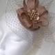 Latte Beige Nude Sinamay Blusher Veil & Pearl or Diamante Wedding Fascinator Mini Hat - Custom Made to Order