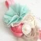 coral tan seafoam aqua cream chiffon satin headband-wedding flower girl special occasion headband