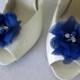 Navy Chiffon flower shoe clips or bobby pins.  Rhinestone and pearl  shoe clips weddings, special occasion. You pick the color