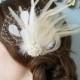 CARMEN w/ VEIL -- Ivory Off White Cream Feather Bridal Bride Vintage Inspired Hairpiece Wedding Fascinator Birdcage Veiling Pearl Rhinestone