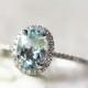 Sky Blue Aquamarine Ring 6x8mm Oval Aquamarine Ring Halo Diamond Engagement Ring Gesmtone Wedding Ring in 14k White Gold