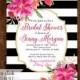 Bridal Shower Invitation, Floral Black and White Stripes Shower Invitation, Gold Glitter Bridal Shower, Watercolor Floral, Hot Pink Flowers