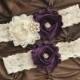 Wedding Garter Belt, Bridal Garter Set - Ivory Lace Garter, Keepsake Garter, Toss Garter, Plum Wedding Garter, Purple Wedding Garter Set