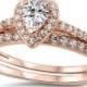 Designer 14K Rose Gold over 925 Sterling Silver Pear and Round Cut Russian Ice Diamond CZ Wedding Engagement Ring and Band Set 2 Ring Set