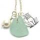 Sea Glass, Silver Cat Charm, Swarovski Pearl, Wedding Jewelry, Beach Necklace, Sea Glass Necklace