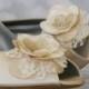 Flower Wedding Shoes -- Champange Peep Toe Custom Wedding Wedges with Ivory and Champagne Flower on Toe and Pearl Buttons