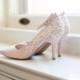 Blush Wedding Heels - Blush Heels, Blush Bridal Shoes, Wedding Shoes, Lace Heels, Blush Pumps with Ivory Lace. US Size 6.5