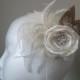 Vintage Rose Wedding Hair Piece, Champagne Peacock Fascinator, Ivory Flower Bridal Head Piece, Birdcage Veil