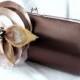 Bridesmaid Clutch - Bridal Party Clutch - Bridesmaid Bouquet Clutch - Chocolate Brown Satin Clutch with Taupe Fabric Flower