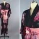 Vintage 1930s Silk Kimono Robe / 30s Dressing Gown / Black and Pink Ikat Floral Meisen / Wedding Day Lingerie / Handmade Sash