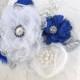 Bridal Ring Bearer Pillow with in White, Silver and Royal Blue with Lace, Pearls, Feathers and Handmade Flowers