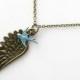 rustic wedding jewelry, angel wing necklace, boho necklace, extra long necklace, memorial jewelry, sympathy gift, rustic blue bird