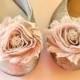 New color buff champagne blossom shoe clips with rhinestone centers.  70 colors available.