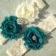 Teal & Ivory (or White) Lace Garter Set - Shabby Wedding Garter - Chiffon Rhinestone Pearl Accents - Plus Size Also - Customize Colors